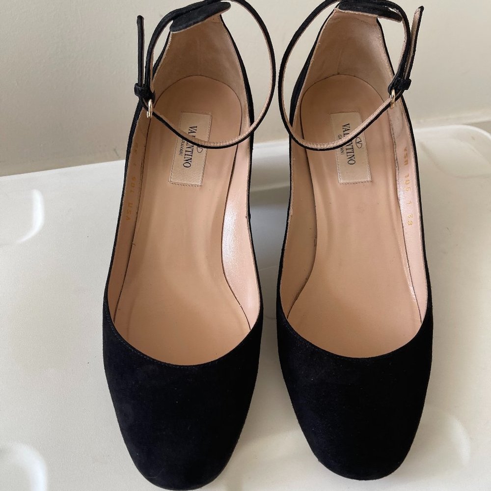 Black suede ankle strap heels